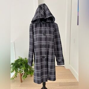 PIZAZZ Spring Jacket Detachable Hood Black Grey Plaid Button Front Neutral